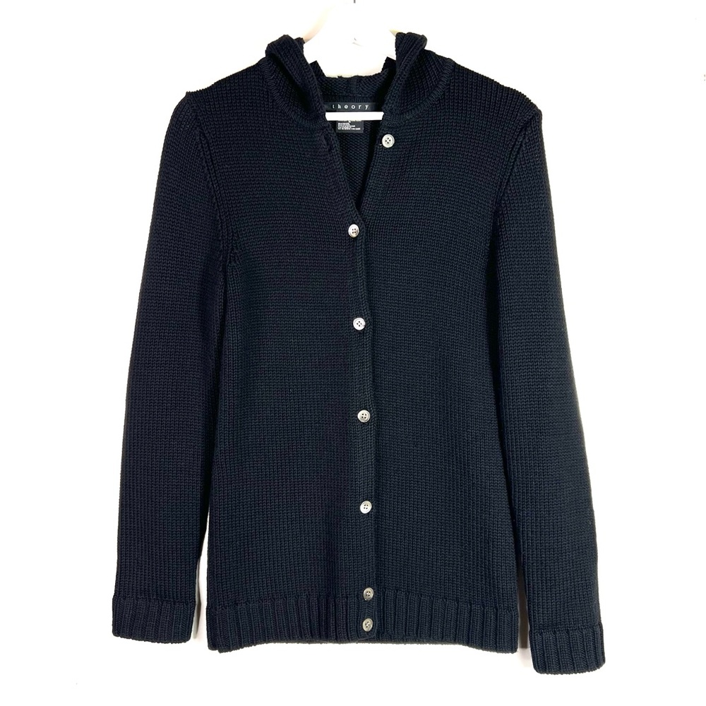 Theory Hooded Cardigan Wool Black Sweater Size Small